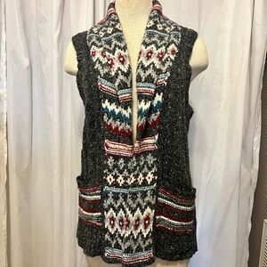 Maurices Black and Multicolor Patterned Cardigan Vest